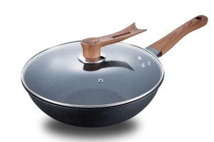Chinese  Nonstick Die-casting Aluminum PFOA Free Wok with Wood or glass Lid for Electric, Induction and Gas Stoves