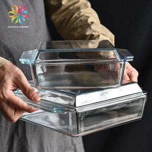 Clear eco-friendly Rectangular heat resistant tempered borosilicate glass casserole baking tray cooking pot with cover