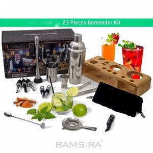 Cocktail Shaker Set Bar Tools and Bamboo Stand 23 Pieces Bartender Kit