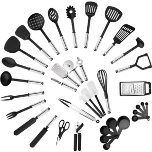 Complete different types christmas 38-piece Home Cooking Tools Gadgets Kitchen Utensils nylon kitchenware Set matte black