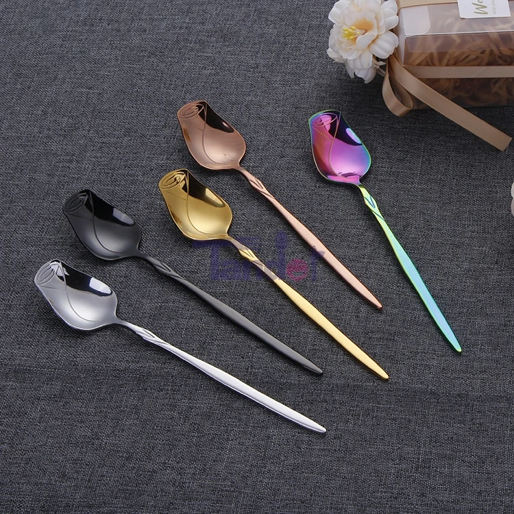 Creative stainless steel dessert rose shape spoon and fork coffee soup mixing spoon