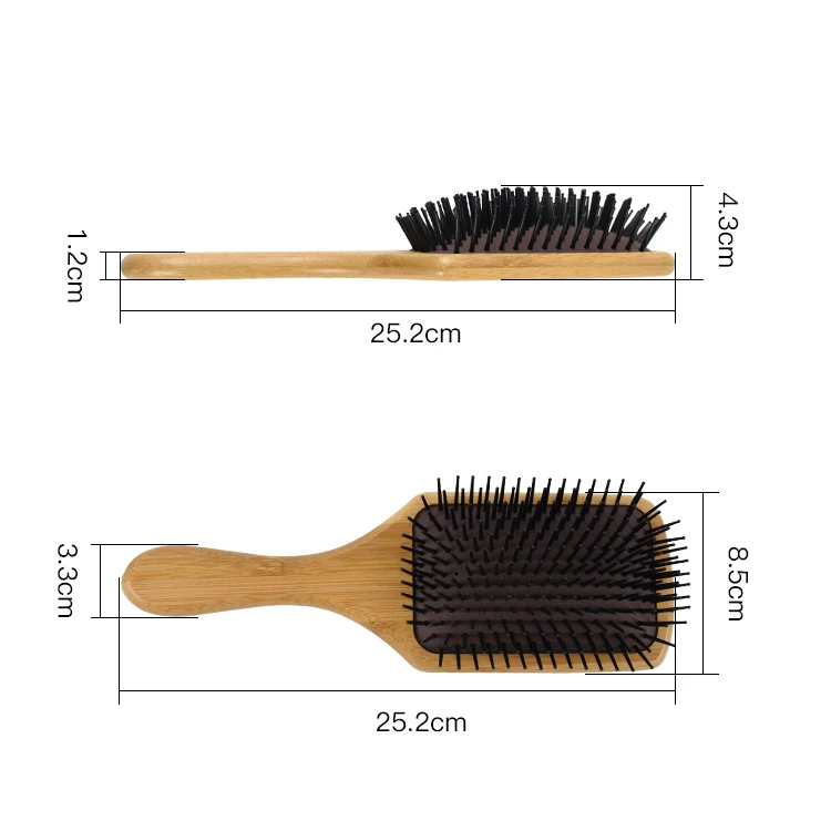 Customized logo natural bamboo handle square shape black nylon pins&cushion bamboo detangling hair brush