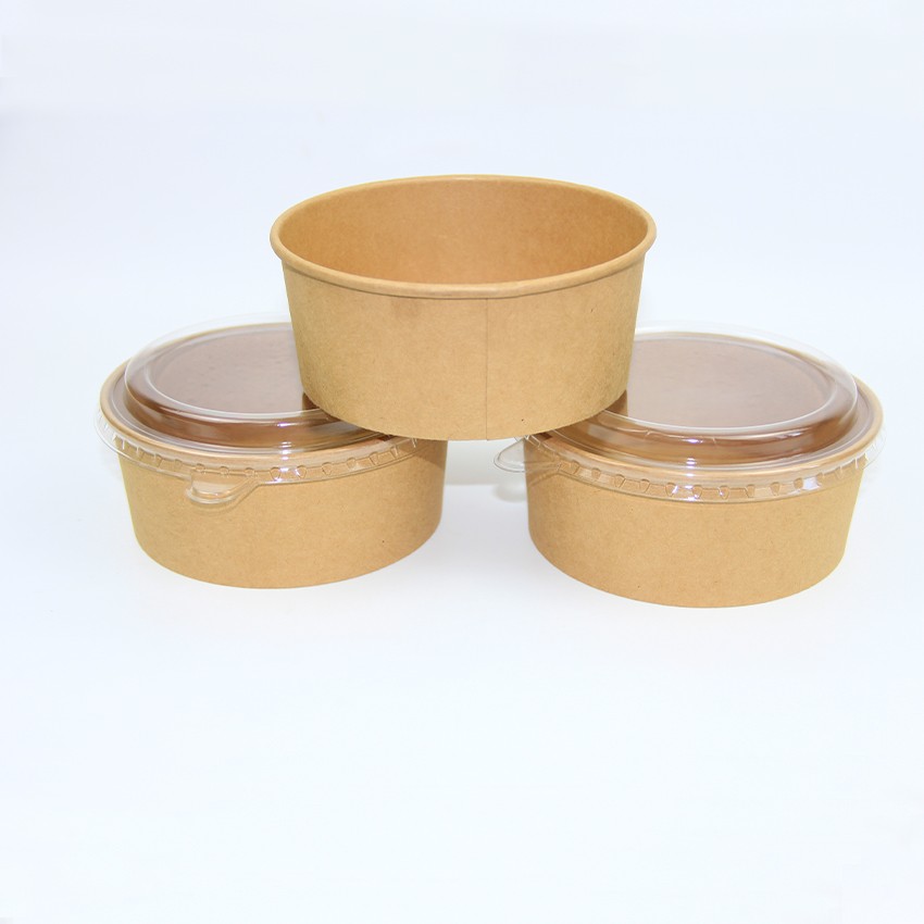Disposable And Biodegradable PE Coating Imported Brown Kraft Paper Salad Bowl With Lids For Food Packaging