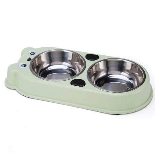 Dual Stainless Steel Pet Cat Dog Feeding Bowl Food Water Holder Feeder Dish Double Bowls Anti Slip Pad Puppy Kitty Plate
