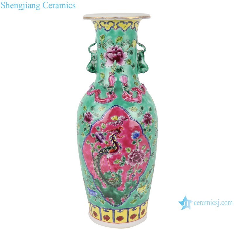 Enamel Green and Pink Color Phoenix Pony Ceramic Vase