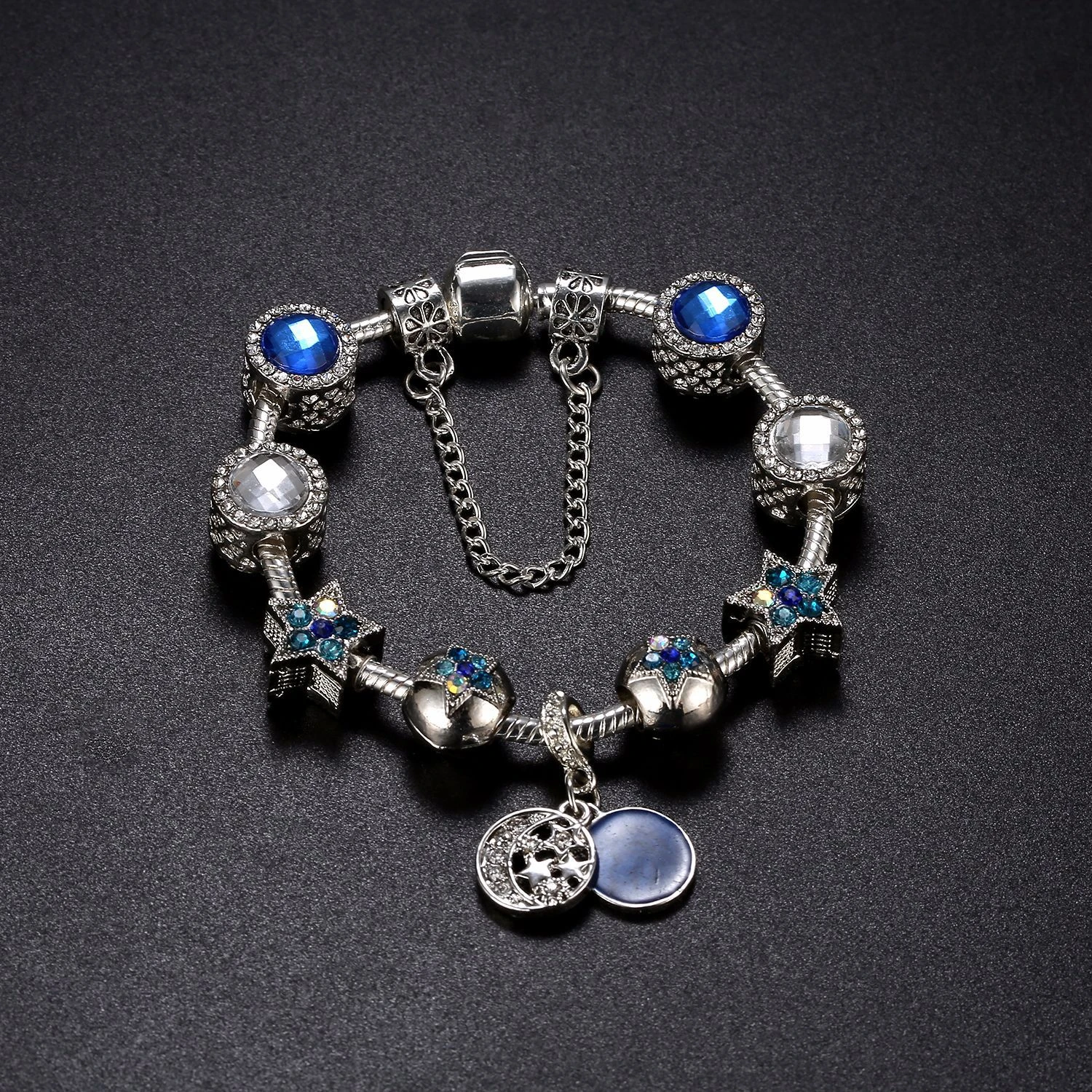 European Silver Plated Safety Chain Blue Crystal Beads Bracelet Sky Blue Star Charm Bracelets