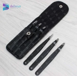 Eyebrow tweezers with leather pouch customized logo OEM eyebrow slanted tweezers for aesthetics