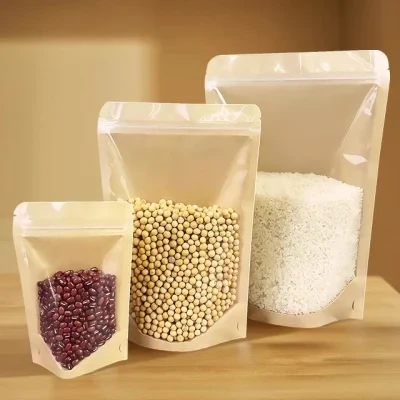 Factory Resealable Brown Kraft Paper Pouch with Window and Zipper Standing up Pouch Packaging Bag for Food Nuts Cashew