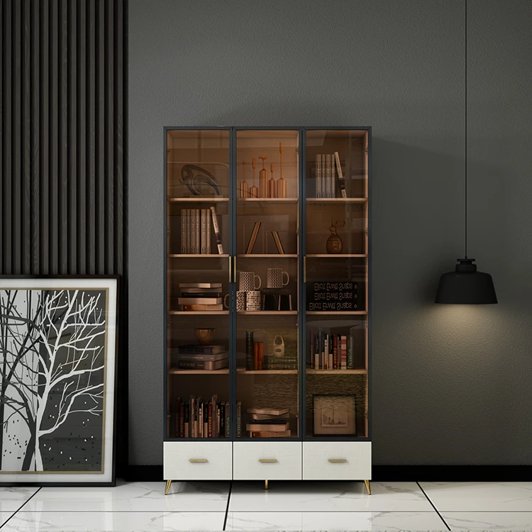 Fashion High End 3 doors nordic bookshelf wood bookcases with black frame