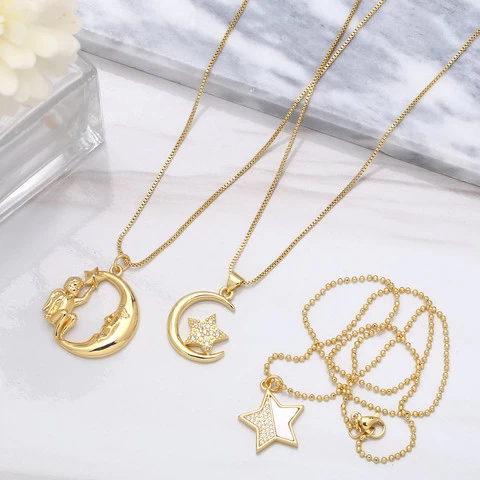 Fashion New Designs Jewelry Gold Plated Box Chain Angel Pendant Necklace Micro Insert Zircon Star Moon Choker Necklaces Women