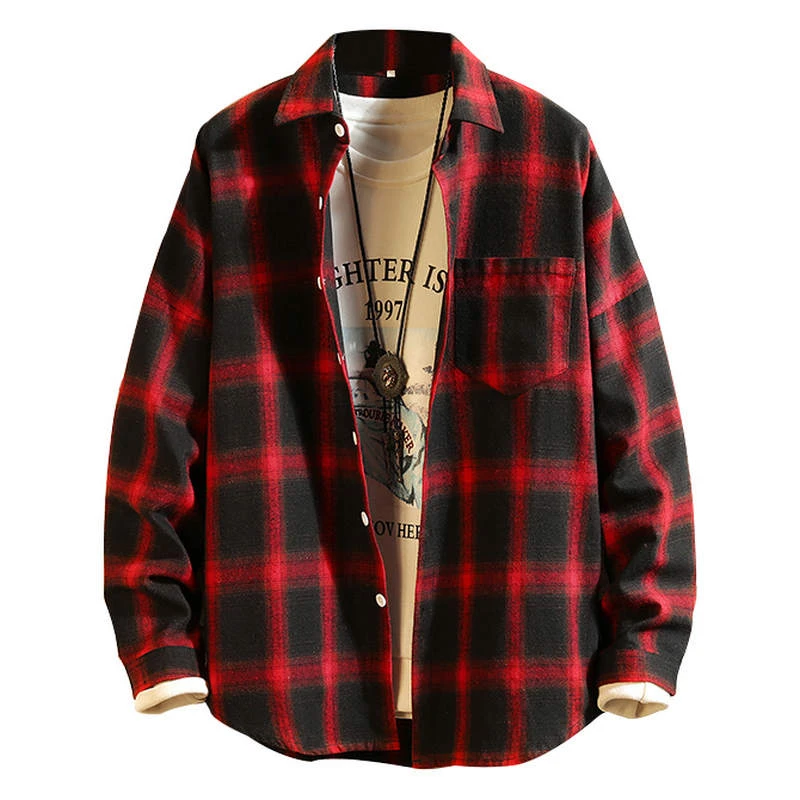 Free Shipping Casual Loose Flannel Plaid Streetwear Jacket Men&#x27;s Shirts