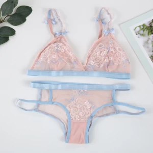 French embroidery lace sexy triangle cup bra set girl underwear wire free thin belt small chest bra and panties