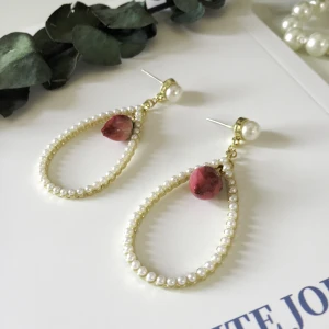 Gold Plated Flower Dry Flower Earrings Rose Earrings Handmade jewelry Pearl Drop Rose Earrings for women