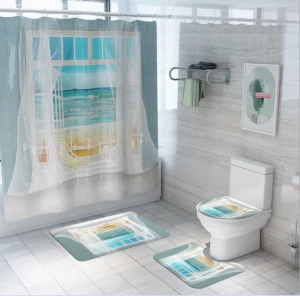 Home Decor Toilet Lid Cover Bath Mat Non-Slip Rug Sea Sight Waterproof Bathroom Set Shower Curtain For Home Bathroom Accessories