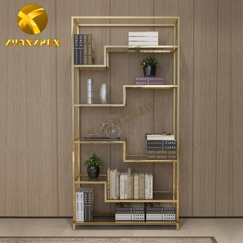 Home furniture modern metal stainless steel bookcase glass decor cabinet bookcases bookshelf for sale