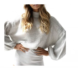 Hot sale fashion design yarn knitting high neck lantern sleeve casual size fit style custom sweater crop top woman