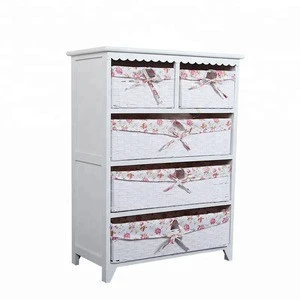 hot wholesale European country style wood storage cabinet with 5 woven basket drawers  for home furniture living room