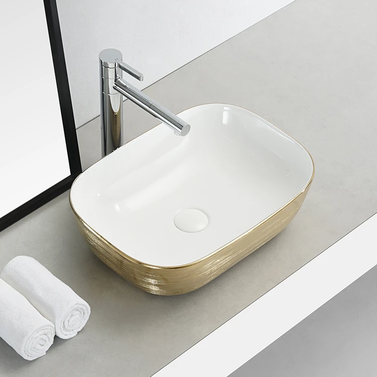 Hotel luxury countertop lavabo toilet art basin gold and white ceramic hand wash basin bathroom sink