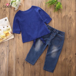 Kid clothing frock designs children clothes girls set with top and hole jeans