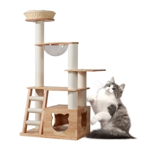 Large Wooden Cat Tree & Scratcher Tower Cat Climbing Frame for Playing & Scratching Premium Toy for Feline Friends