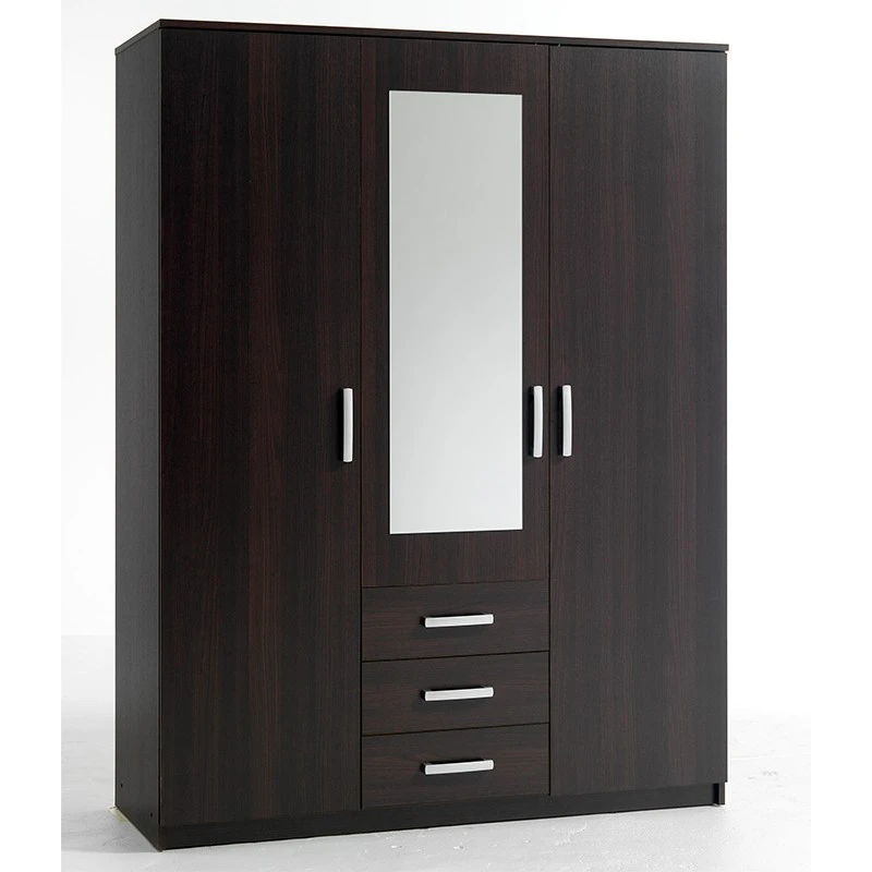 Latest Design Dark Wooden Cabinet Bedroom Furniture Clothes Wardrobe With Mirror