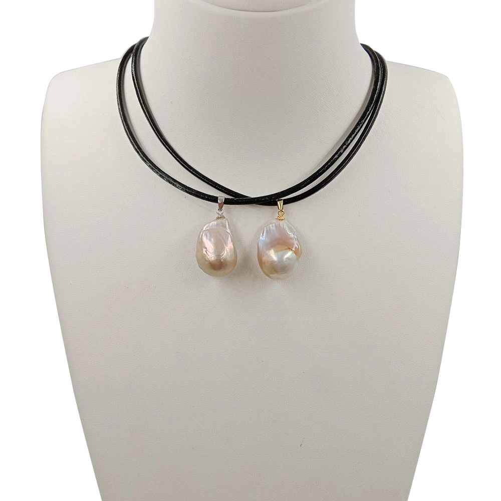 LEATHER nature freshwater PEARL NECKLACE PEARL PENDANT with magnet closer