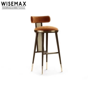 Light luxury  beautiful design solid wooden leg with golden circle  velvet upholstery rattan bar counter stool