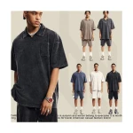 mens 2 piece suit folded neck heavyweight t-shirt sports high street athletic wear shorts and polo vintage graphic t shirt set