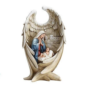 Mother Mary and Baby Jesus in Angel Wing Resin Nativity Statue Figurine