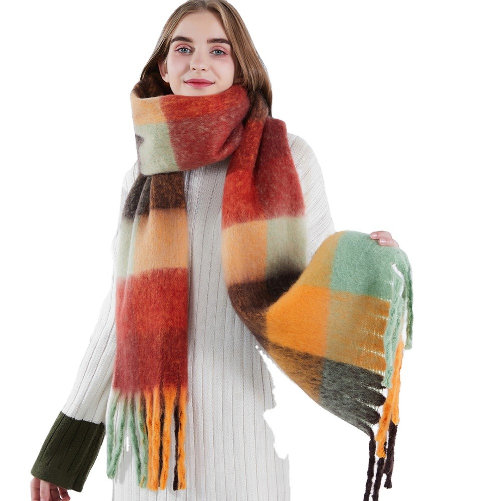 New autumn and winter imitation cashmere scarf women&#x27;s wool knitted Plaid shawl with warm and thickened customization