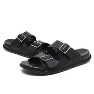 PINNIP Chocoo Anti-slip Casual Sandals Black Cow Leather Hand-sewn Mark Stitching for Men Slipper