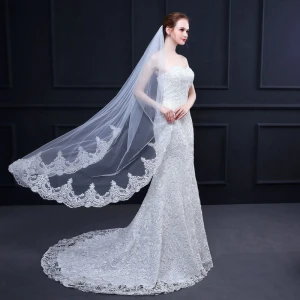 Qushine Wholesale Beautiful Elegant Lace Trim Bridal Lace Veil Short Style Wedding Lace Veil