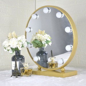 Round Gold Desktop Lighted Vanity Hollywood Makeup Led Mirror with Led Lights for Bedroom/Bathroom