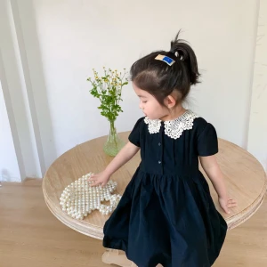 Summer 2020 new children&#x27;s clothing wholesale little girl lace collar black short-sleeved dress 1-6-year-old girl baby skirt