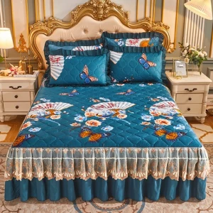 Sunny Textile Wholesale Autumn Winter Quilted Crystal Velvet Bed Skirt Princess Style Lace Thickened Non-slip Bedspread
