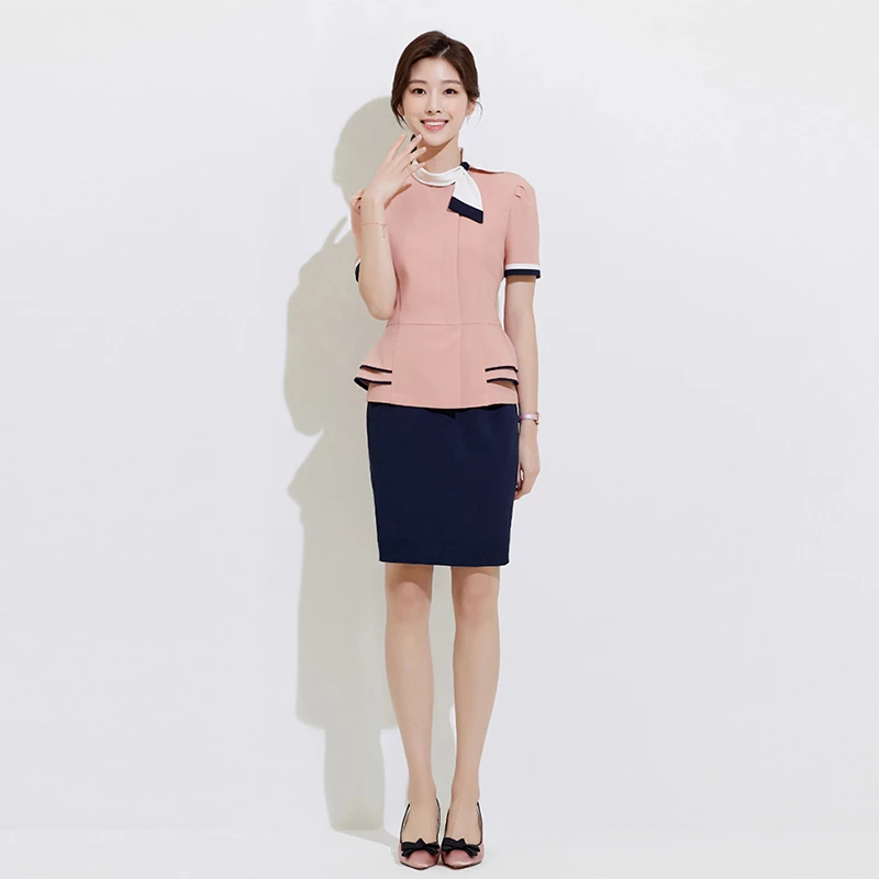 Top Quality Office Ladies Wear Korean Style Women Uniforms Short Sleeves Dress  Receptionist Waitress Business Wear