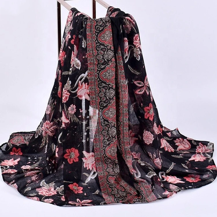 Trendy fashionable hot dainty fancy floral printed rose voile long scarf shawl for women