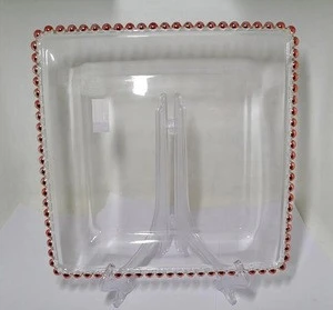 wholesale custom crystal large gold rim square glass charger plates beaded