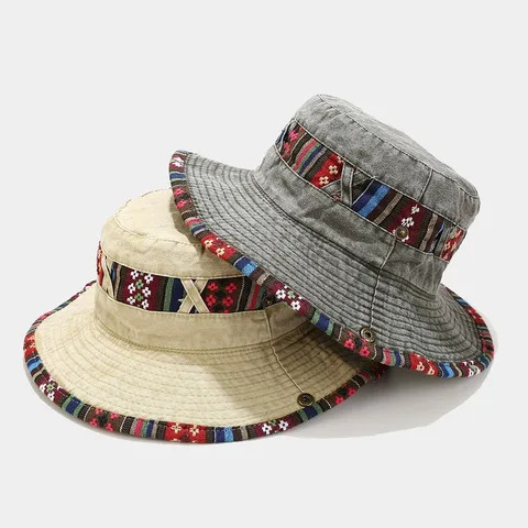 Wholesale Large Brim Cowboy Bucket Hat with Rope Cotton Lifeguard Hat Men Summer Fishing Hat