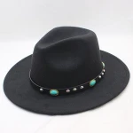 Winter Autumn Outdoor Turquoise Embellished and Studded Strap Wide Brim Felt Fedora Hat
