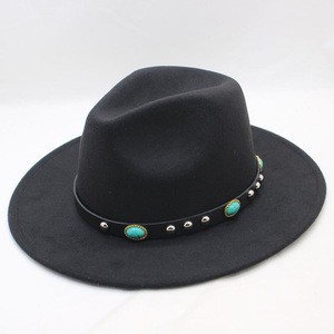 Winter Autumn Outdoor Turquoise Embellished and Studded Strap Wide Brim Felt Fedora Hat