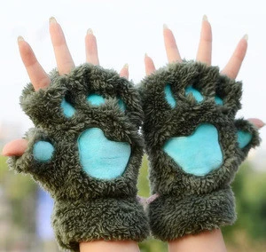 Winter Cute Cat Claw Gloves Woman Fingerless Thicken Plush Fur Half Finger Gloves