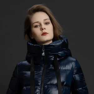 Winter Dark Blue  Windproof Duck Down Women Warm Lightweight Shiny Down Jacket with Hooded