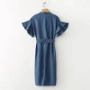 Woman Clothing Cotton Spandex Lady V Neck Bell Sleeve Denim Midi Dress