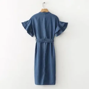 Woman Clothing Cotton Spandex Lady V Neck Bell Sleeve Denim Midi Dress