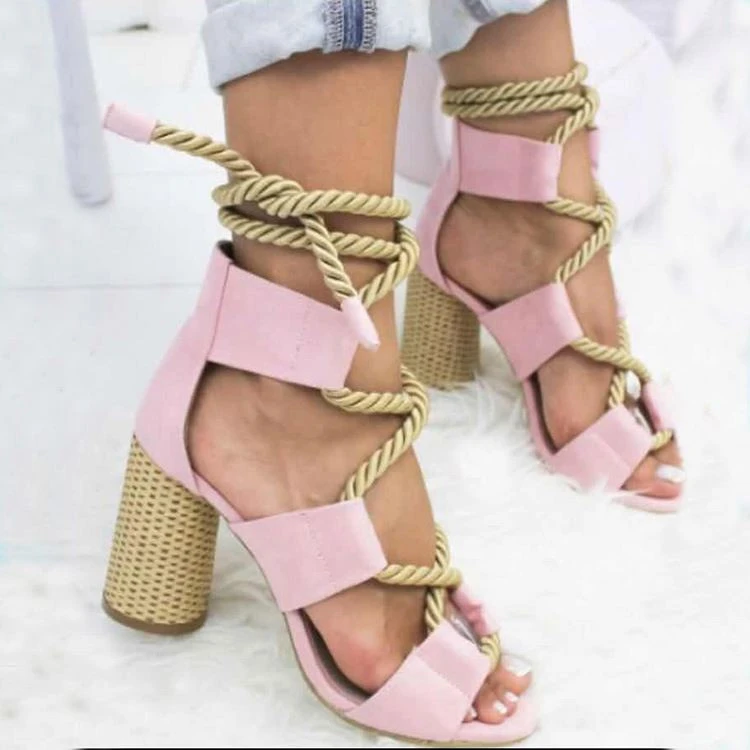 Women Sandals Lace Up Summer Shoes Woman Heels Sandals Pointed Fish Mouth  Sandals Woman Hemp Rope High Heels Shoes
