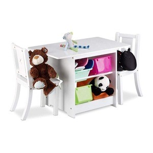 Wood children furniture  kids table and 2 chairs set with storage bins