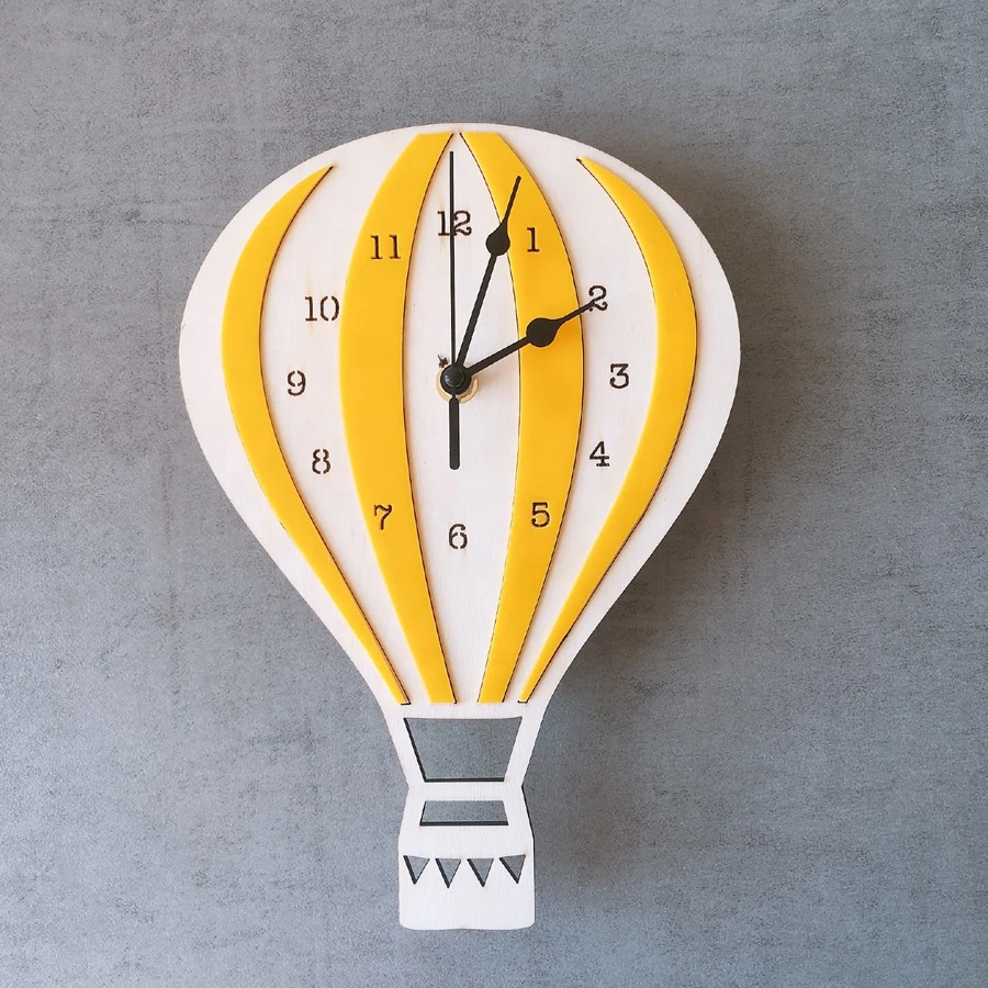 Wooden and acrylic hot air balloon shaped silent mute kids room wall clock for home decoration