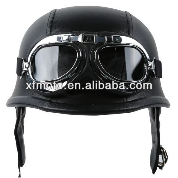 XF270201 Motorcycle Biker WWII Style DOT Black Leather German Motorcycle HALF Helmet w/Pilot