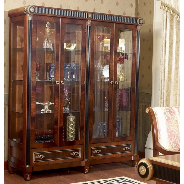 YB10 Baroque Classic Living Room Display Cabinet European Antique mahogany Wooden decorative wine Display Cabinet showcase